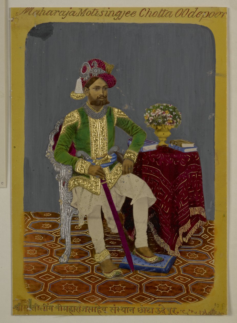 Mss Eur G.38/2 f.90 Moti Singh från Udaipur, c.1870 (akvarell & guld på papper) av Indian School