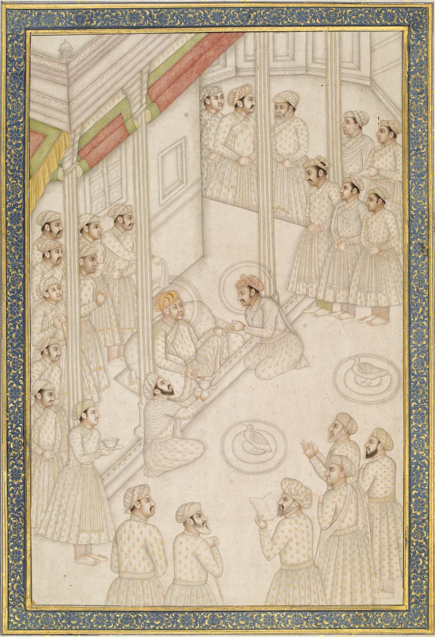 Mogulkejsaren Akbar håller hov under sin sista sjukdom, mitten av 1700-talet (albumblad; pigment med guld på polerat papper) av Indian School