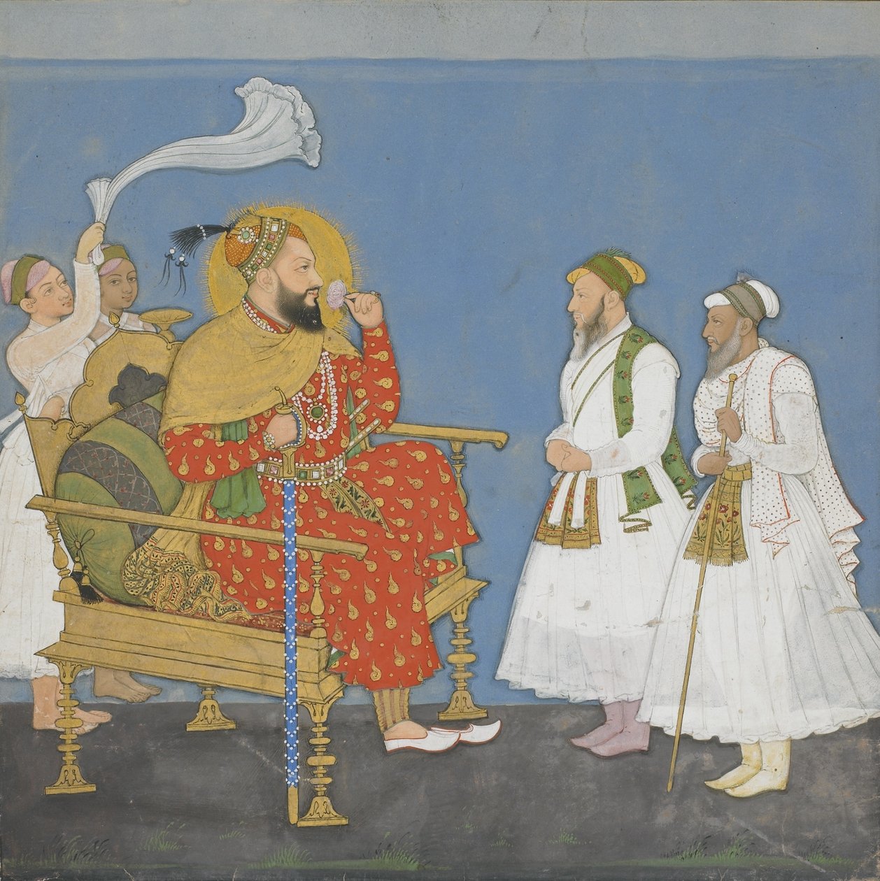 Muhammad Adil Shah II med hovmän och skötare (ogenomskinlig wc & guld på papper) av Indian School