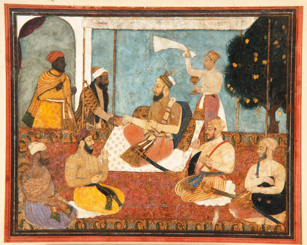 Muhammad Adil Shah väljer en juvel, ca 1650 (opak akvarell och guld på papper) av Indian School