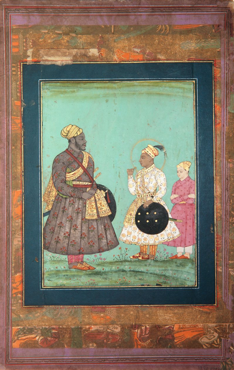 Murtaza Nizam Shah med en svart vesir, möjligen Malik Ambar, och en yngre man, ca 1680 (täckande akvarell  guld på papper) av Indian School