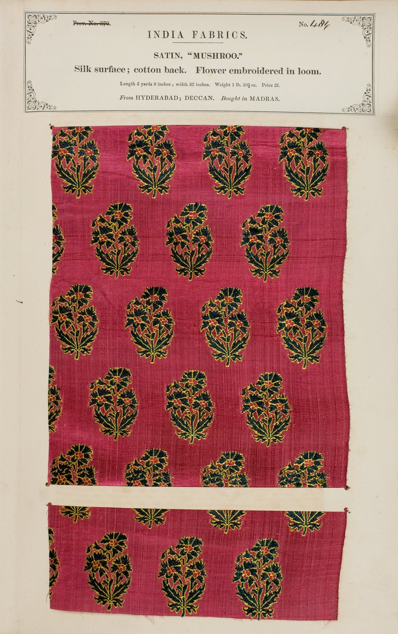 Svampsatinprov från Hyderabad i Deccan, från The Collection of the Textile Manufacturers of India, av John Forbes Watson, publicerad 1866 av Indian School