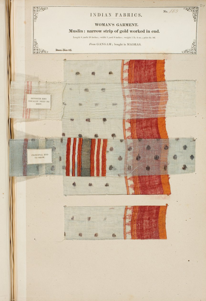 Muslinprov från Ganham, köpt i Madras, från The Collection of the Textile Manufacturers of India, av John Forbes Watson, publicerad 1866 av Indian School