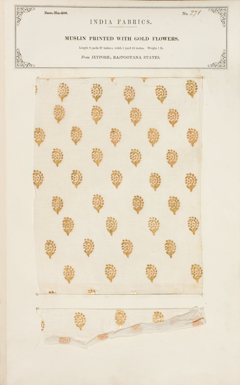 Muslinprov tryckt med guldblommor från Jeypore i Rajpootana-staterna, från The Collection of the Textile Manufacturers of India, av John Forbes Watson, publicerad 1866 av Indian School