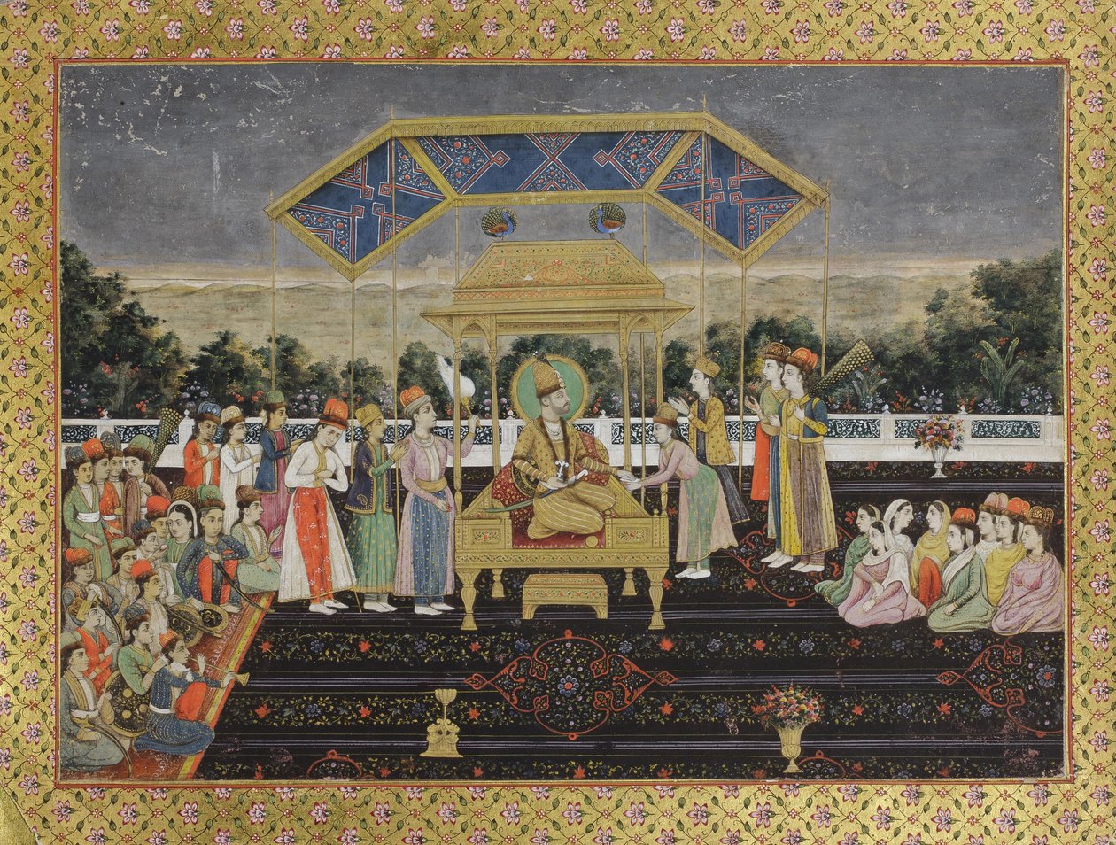 Nadir Shah på påfågeltronen efter hans nederlag av Muhammad Shah, ca 1850 (ogenomskinlig wc på papper) av Indian School