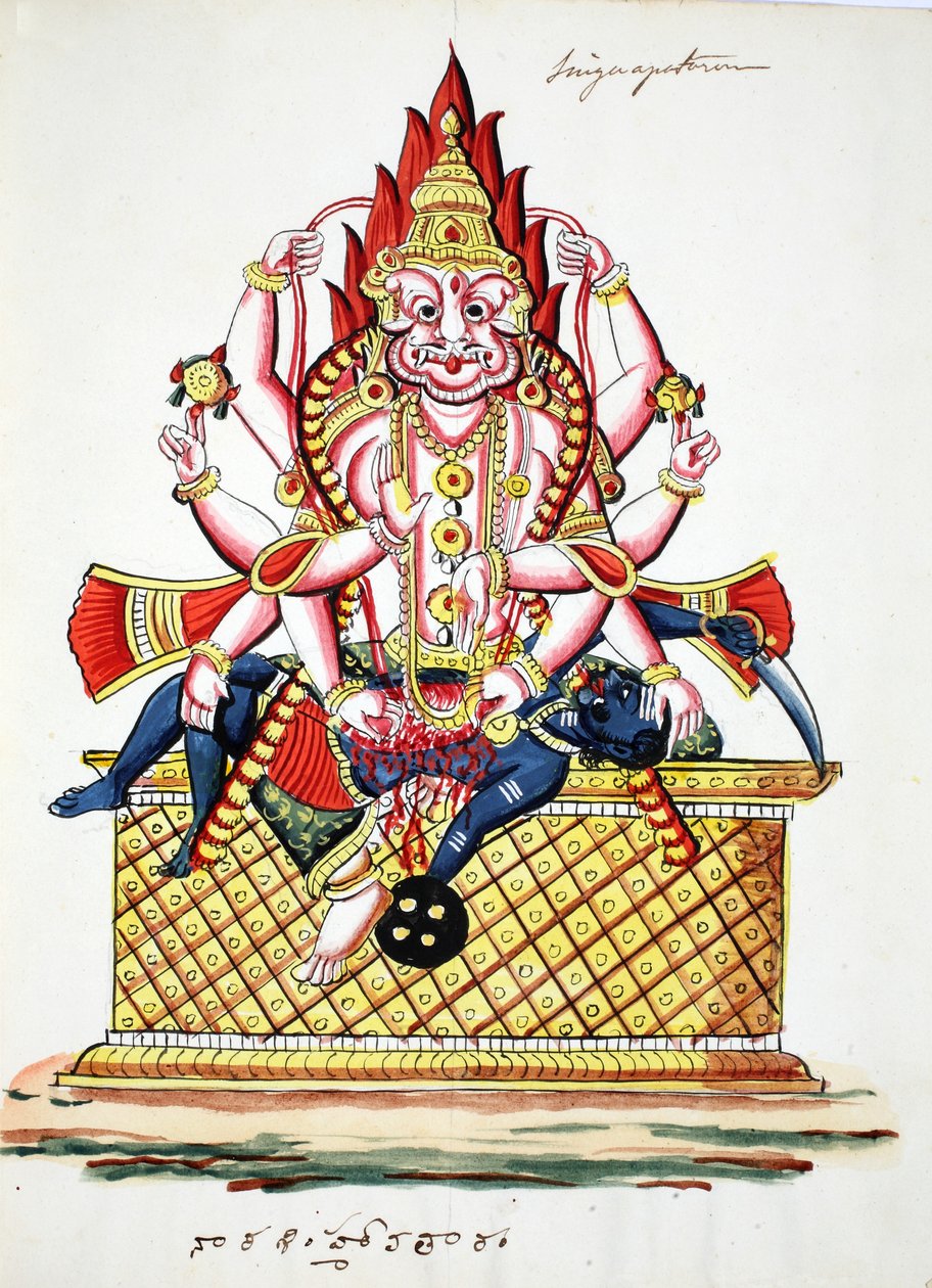 Narasimha, 4:e avatar av Vishnu (akvarell på papper) av Indian School
