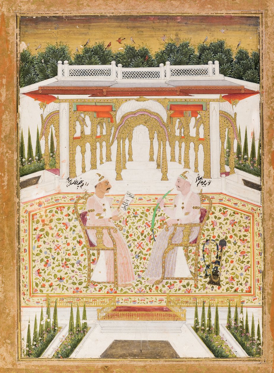 Nawab Mir Alam Bahadur och Raja Chandu Lal Bahadur, ca 1800 (ogenomskinlig wc & guld på papper) av Indian School