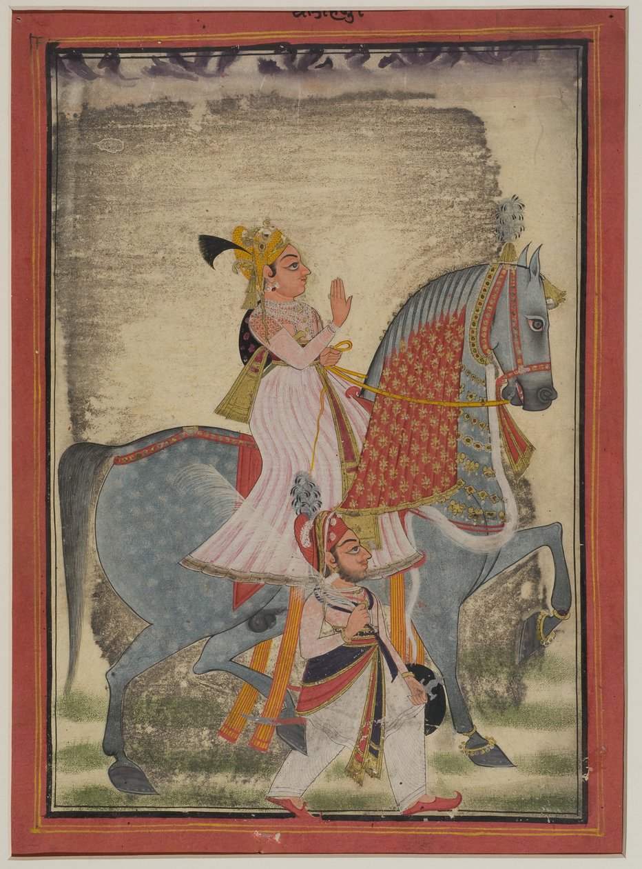 Adelsman från Mewar som rider Nur åtföljd av en sais till fots, 1820 av Indian School