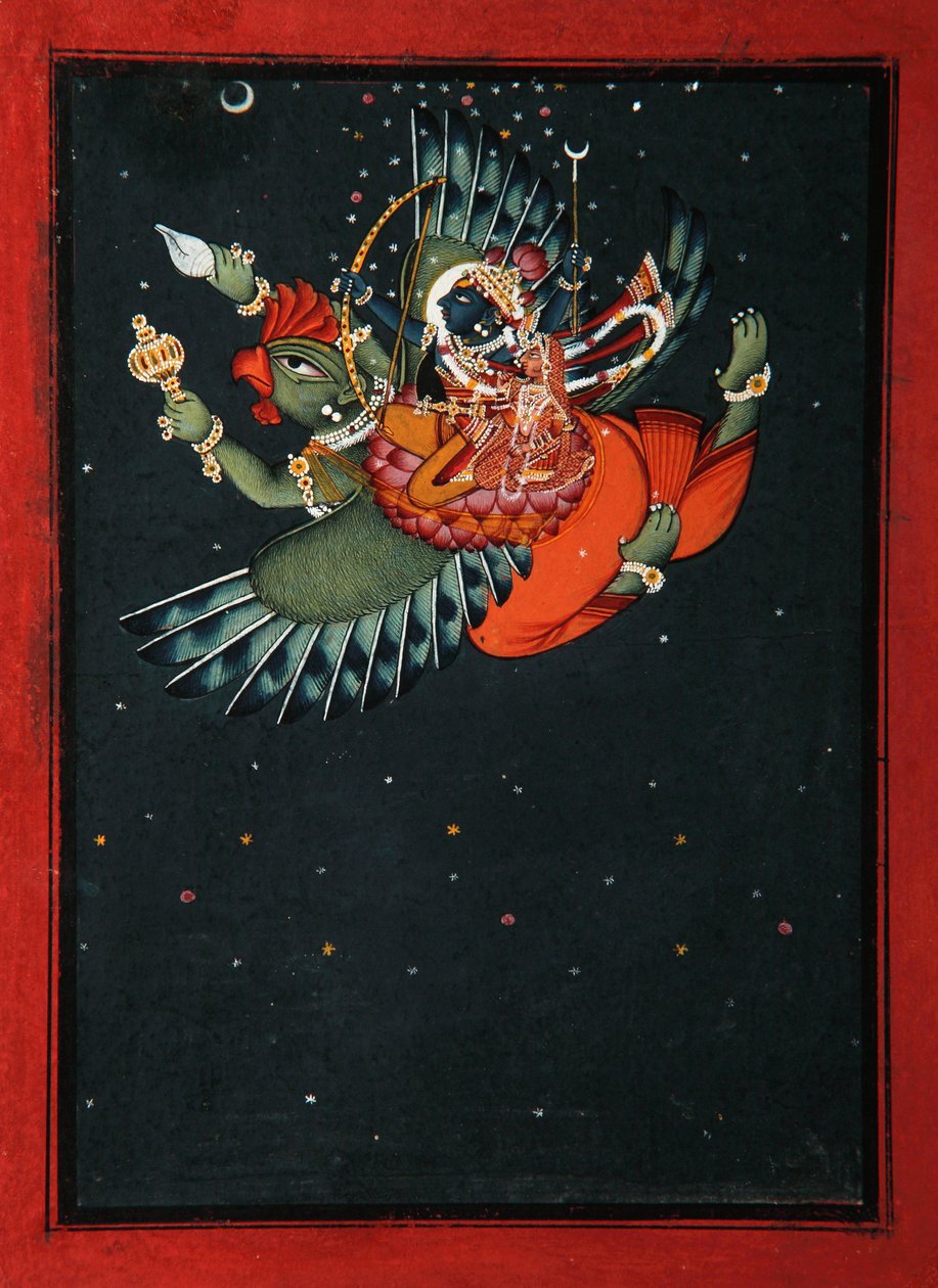 På Garudas vingar: Krishna och Satyabhama flyger genom natthimlen, ca 1750 (ogenomskinlig wc & guld på papper) av Indian School