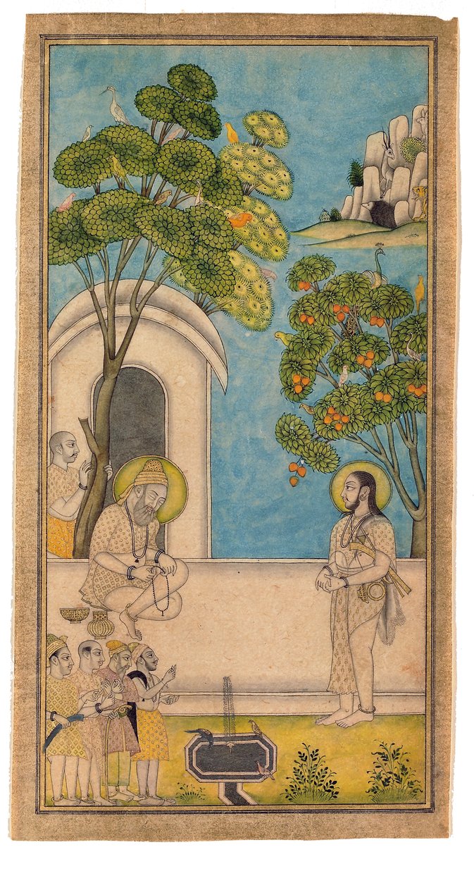 En helig man kommer och besöker en annan, 1700-25 (ogenomskinlig wc & guld på papper) av Indian School