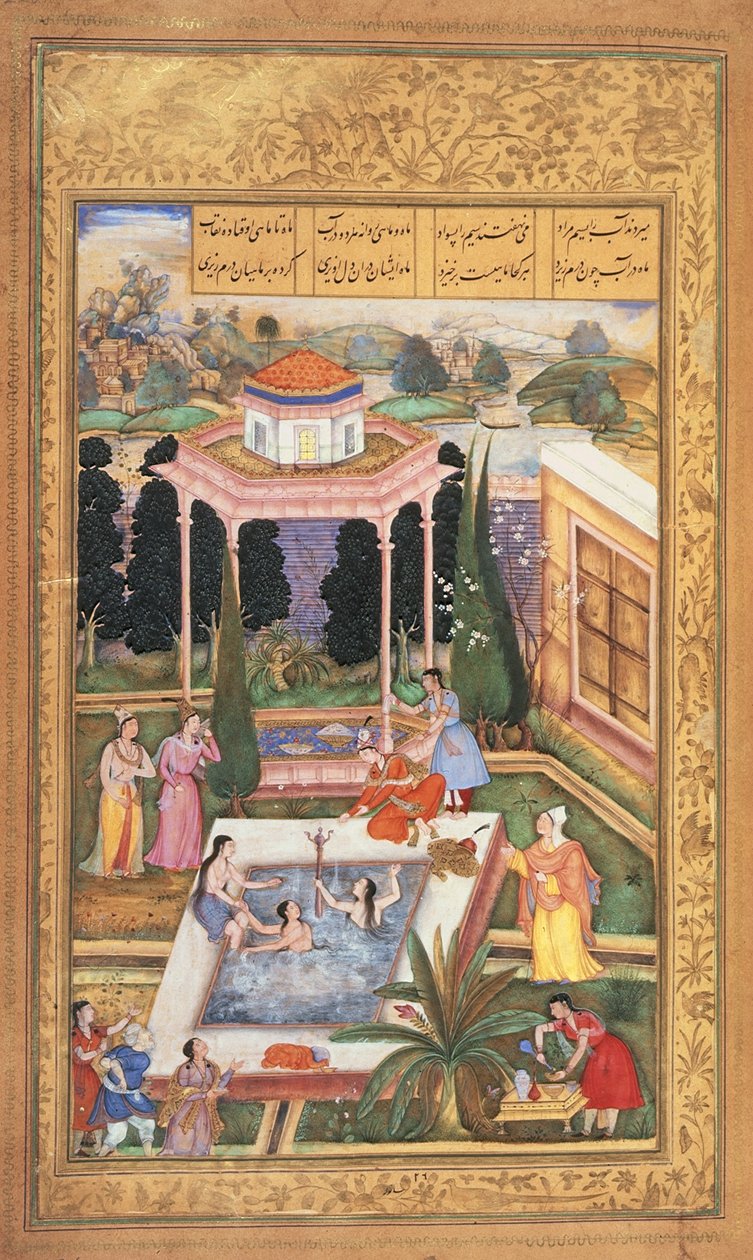 Eller 12208 fol.220 Maidens Bathing, från Nizamis Khamsa av Indian School