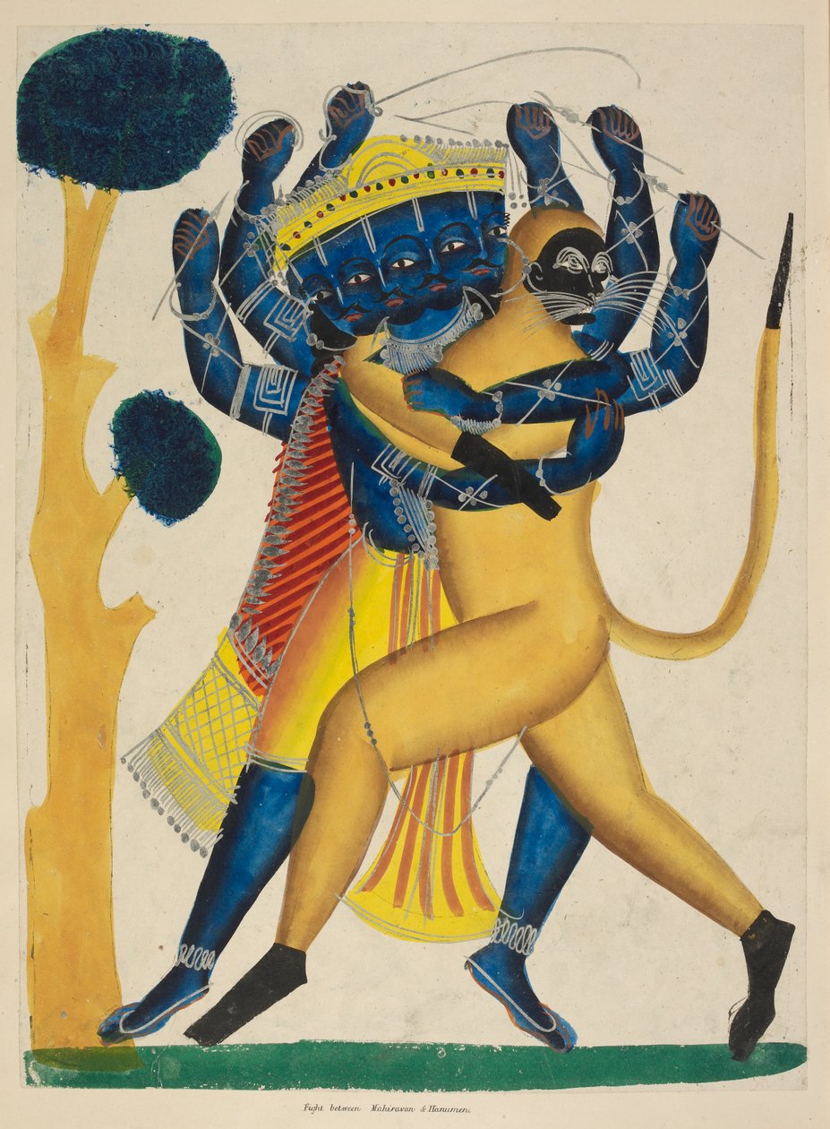 Eller. 891 Hanuman slåss mot Ravana, ca 1865 (akvarell på papper) av Indian School