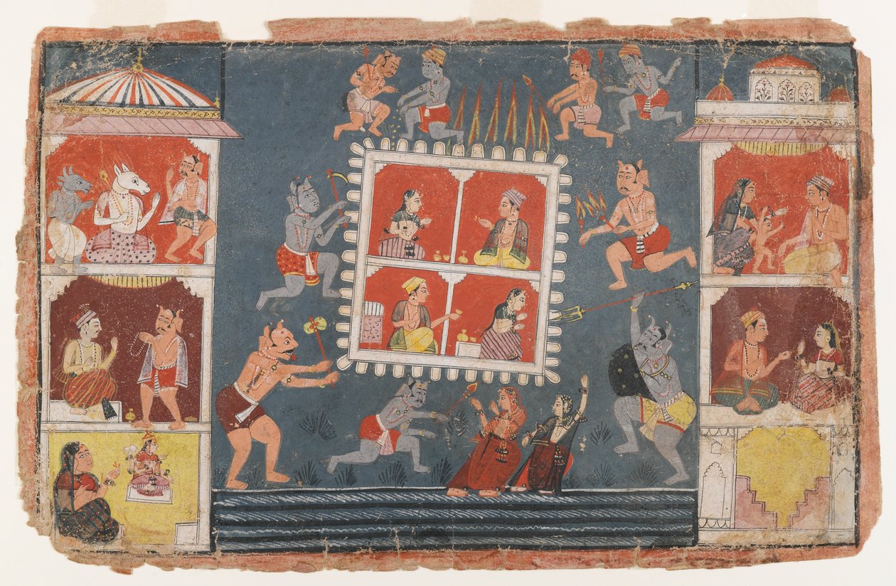 Sida från en Dispersed Bhagavata Purana Series, c.1610-1650 (ogenomskinlig wc på papper) av Indian School