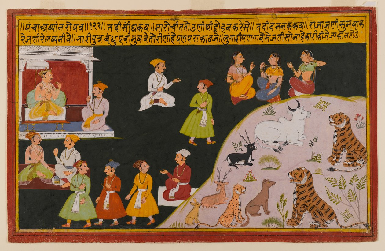 Sida från en spridd Panchakhyana-serie, ca 1720-40 (wc på papper) av Indian School