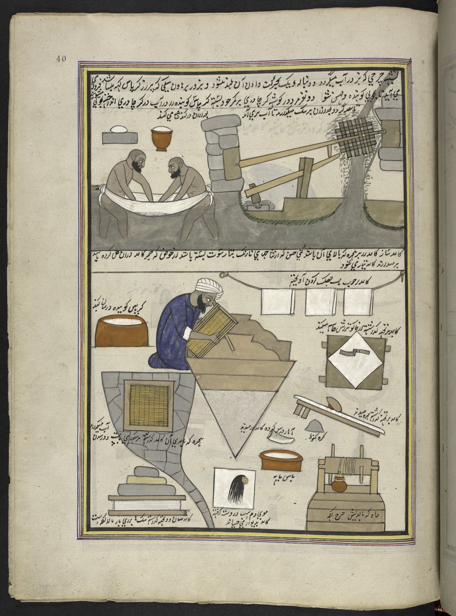 Papperstillverkare,  86 teckningar inbundna i en volym som visar yrken och yrken i Kashmir, hantverkare visas i arbete med sina redskap och utrustning,  Av en Kashmir-konstnär, troligen i Srinagar, ca 1850-60 (gouache på papper) av Indian School