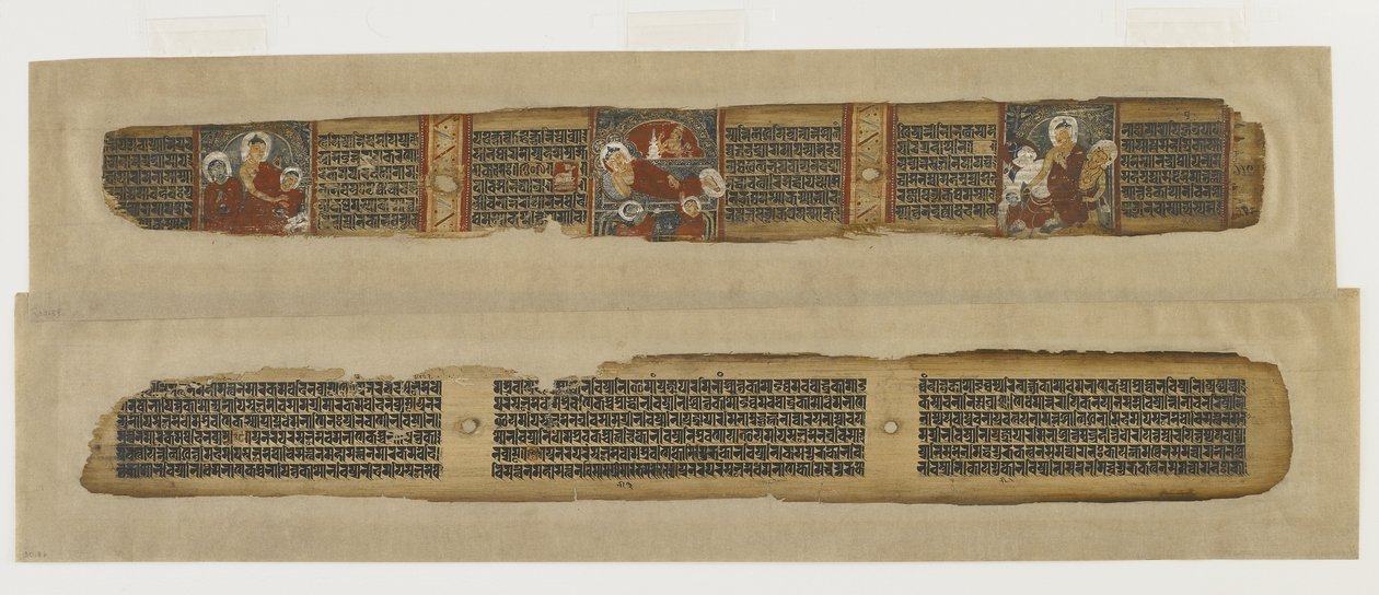 Parinirvana of Buddha, från ett Prajnaparamita-manuskript, Bengal eller Bihar, Pala-Sena-dynastin (ogenomskinlig akvarell och bläck på palmblad) av Indian School