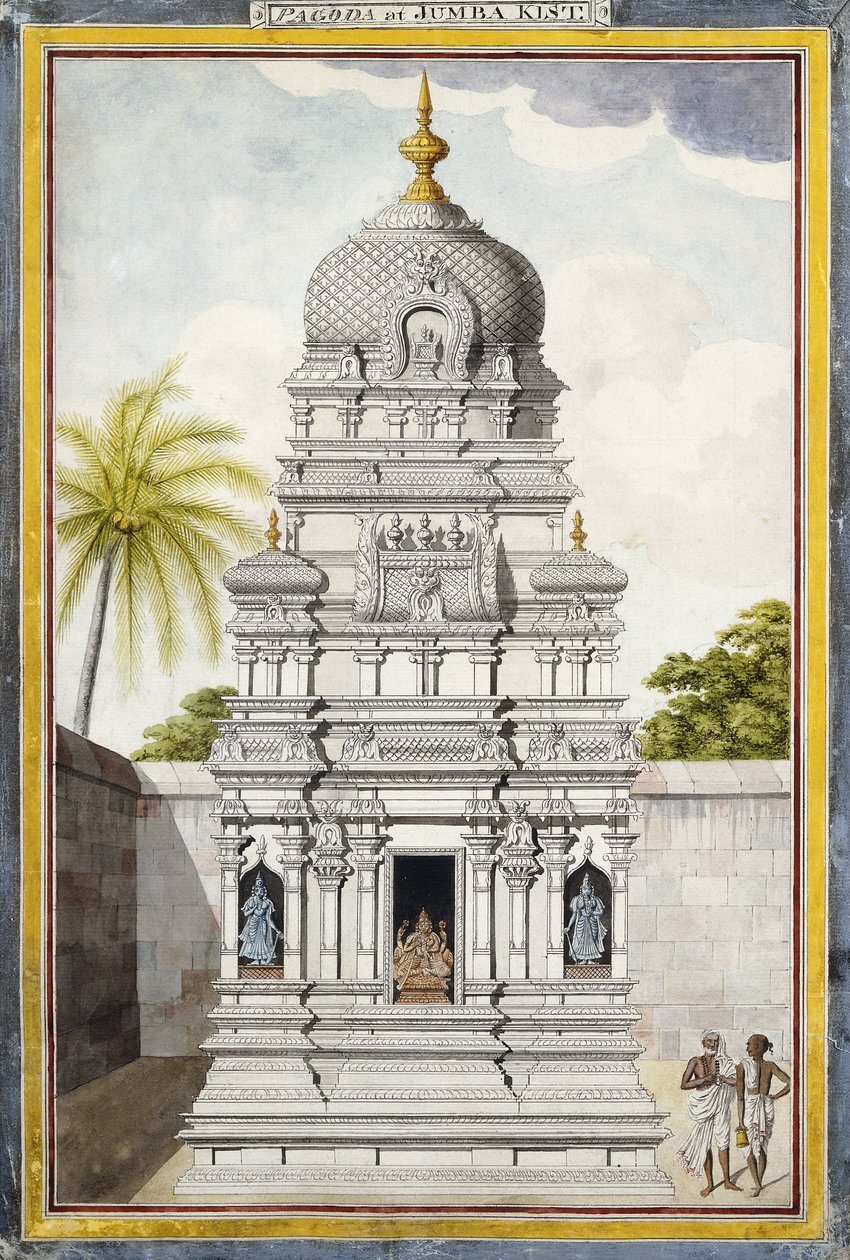 En del av Temple of Jambukeshvara, Srirangam, Tamil Nadu, ca. 1800 (penna, penna, svart bläck, w/c på lagt papper) av Indian School