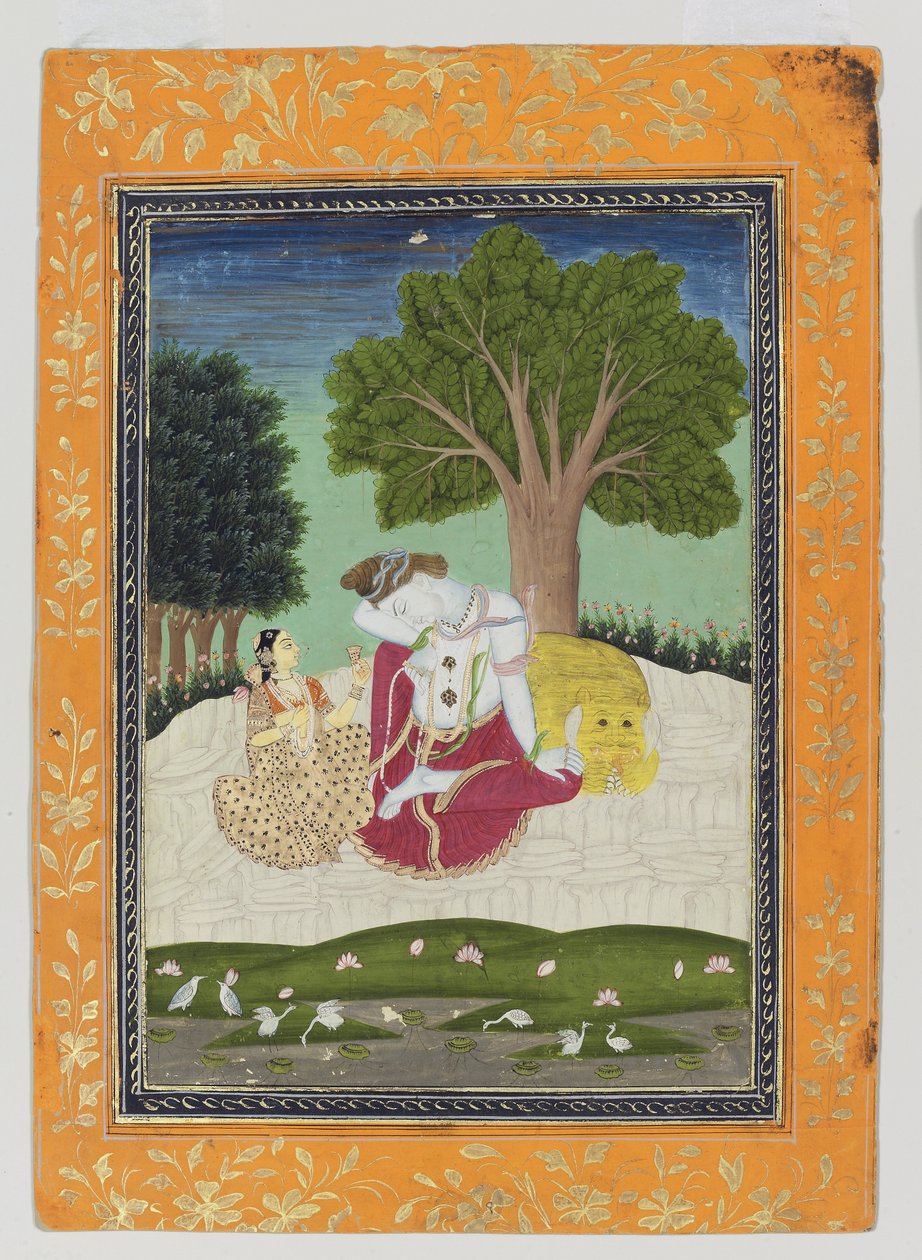 Parvati erbjuder en kopp till Shiva, ca 1800 (ogenomskinlig wc & guld på papper) av Indian School
