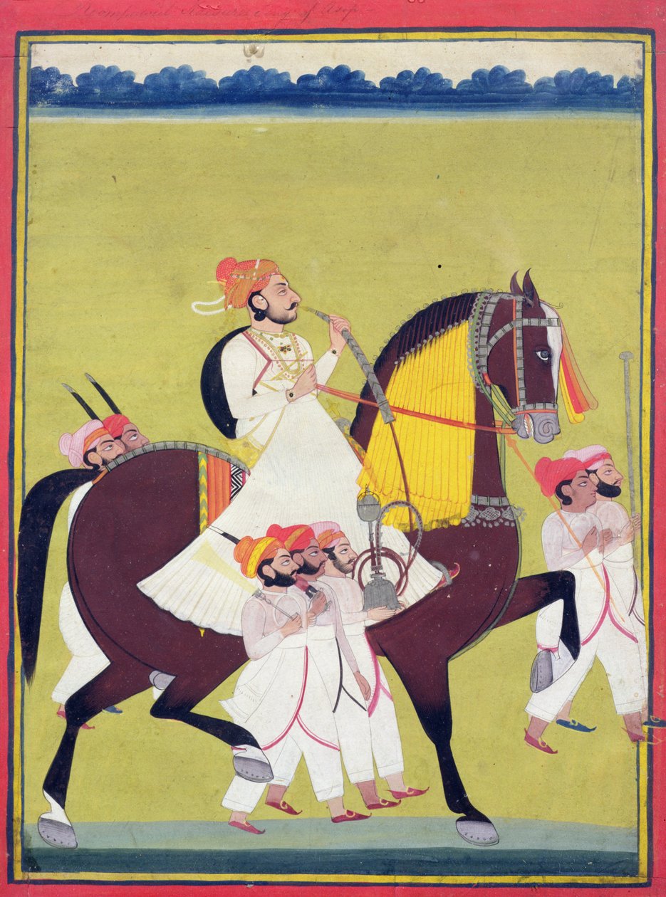 Porträtt av Kumbhawat Kesari Singh från Asop, ridande på häst, rökande vattenpipa och åtföljd av skötare, Jodhpur, ca 1810-20 av Indian School