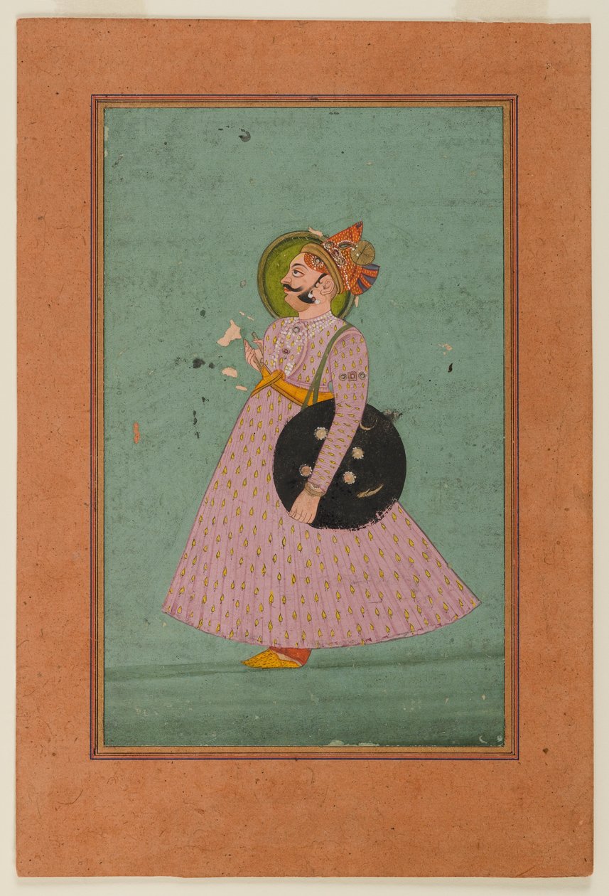 Porträtt av Maharaja Bakhat Singh, tidigt 1800-tal (ogenomskinlig wc på guldpapper) av Indian School