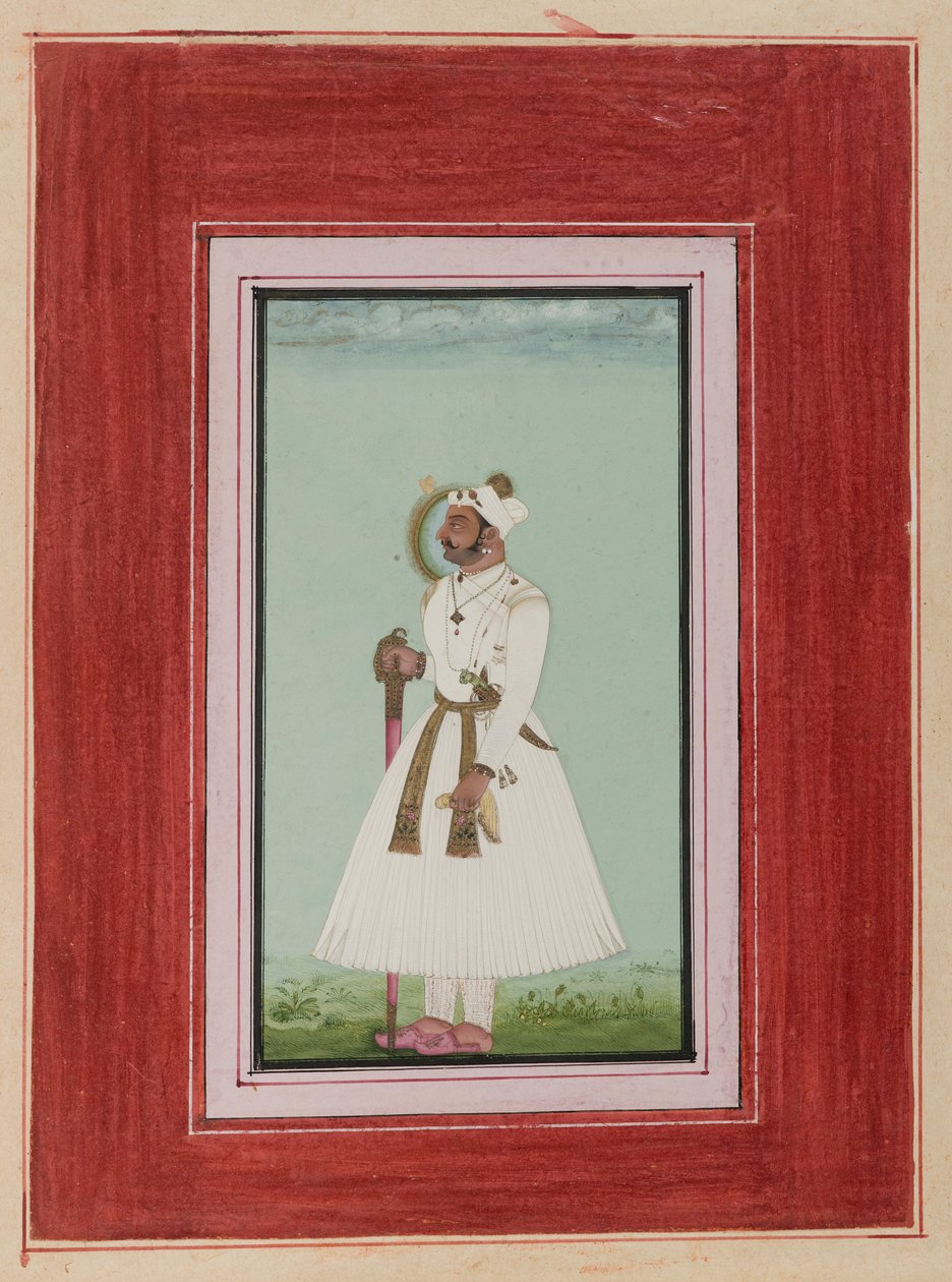 Porträtt av Rao Vir Singh, ca 1780-1790 (ogenomskinlig wc & guld på papper) av Indian School