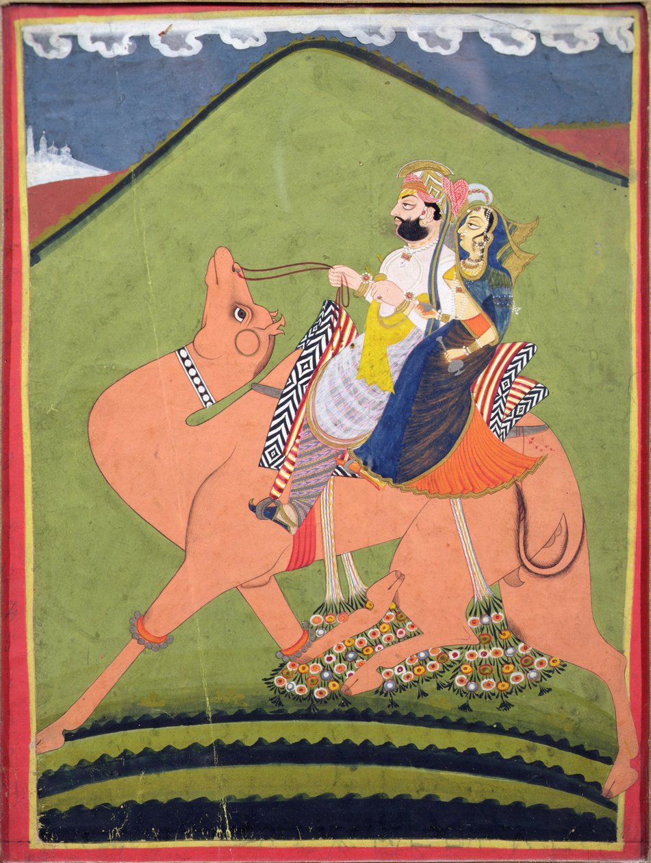 Porträtt av Salim Singh av Pokaran, ridande på en kamel med sin rani, Jodhpur, ca 1810-20 av Indian School