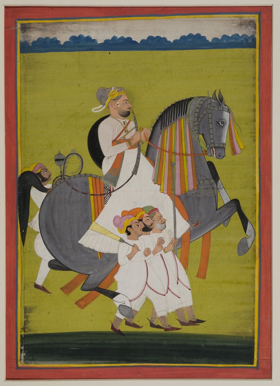 Porträtt av Thakur Surtan Singh av Nimbaj, till häst med skötare till fots, 1820 (gouache på indiskt papper) av Indian School