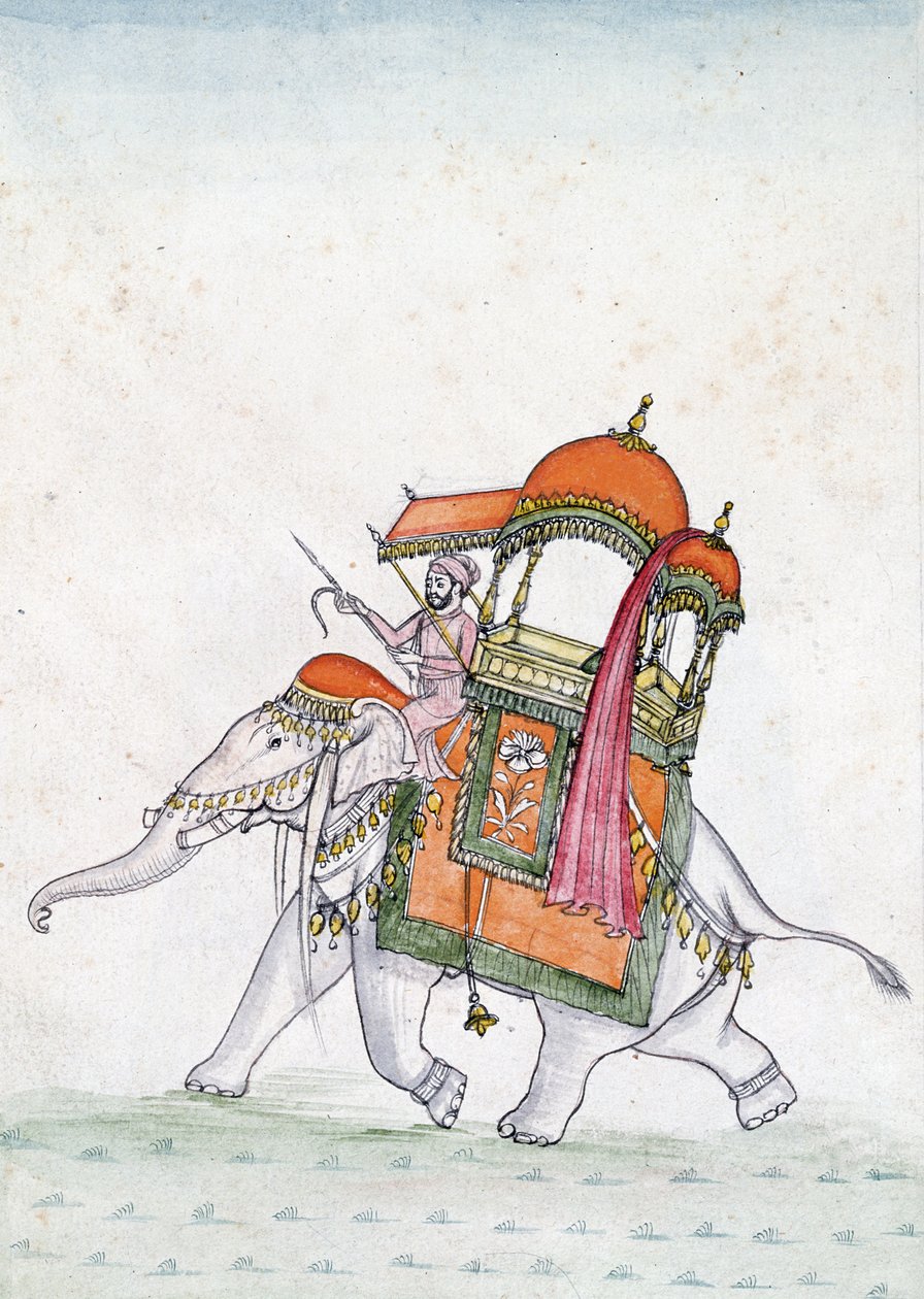 Porträtt av en man som rider på en elefant, tidigt 1800-tal (wc på papper) av Indian School