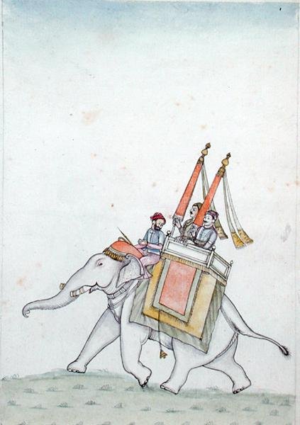 Porträtt av en prins som rider på en elefant, tidigt 1800-tal (akvarell på papper) av Indian School