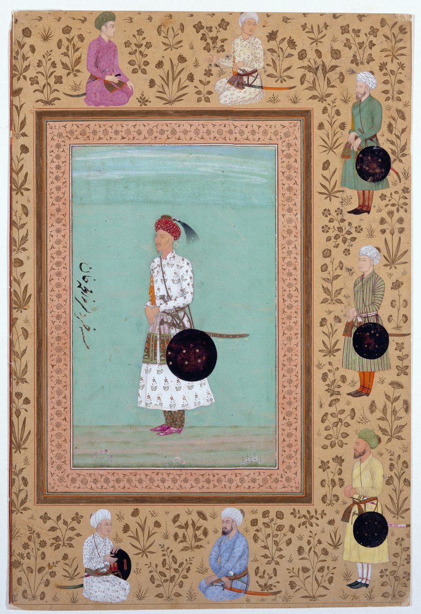 Porträtt av hovmannen Khosrow, son till Nasr Muhammad Khan, ca 1650-60 (bläck, akvarell  guld på papper) av Indian School