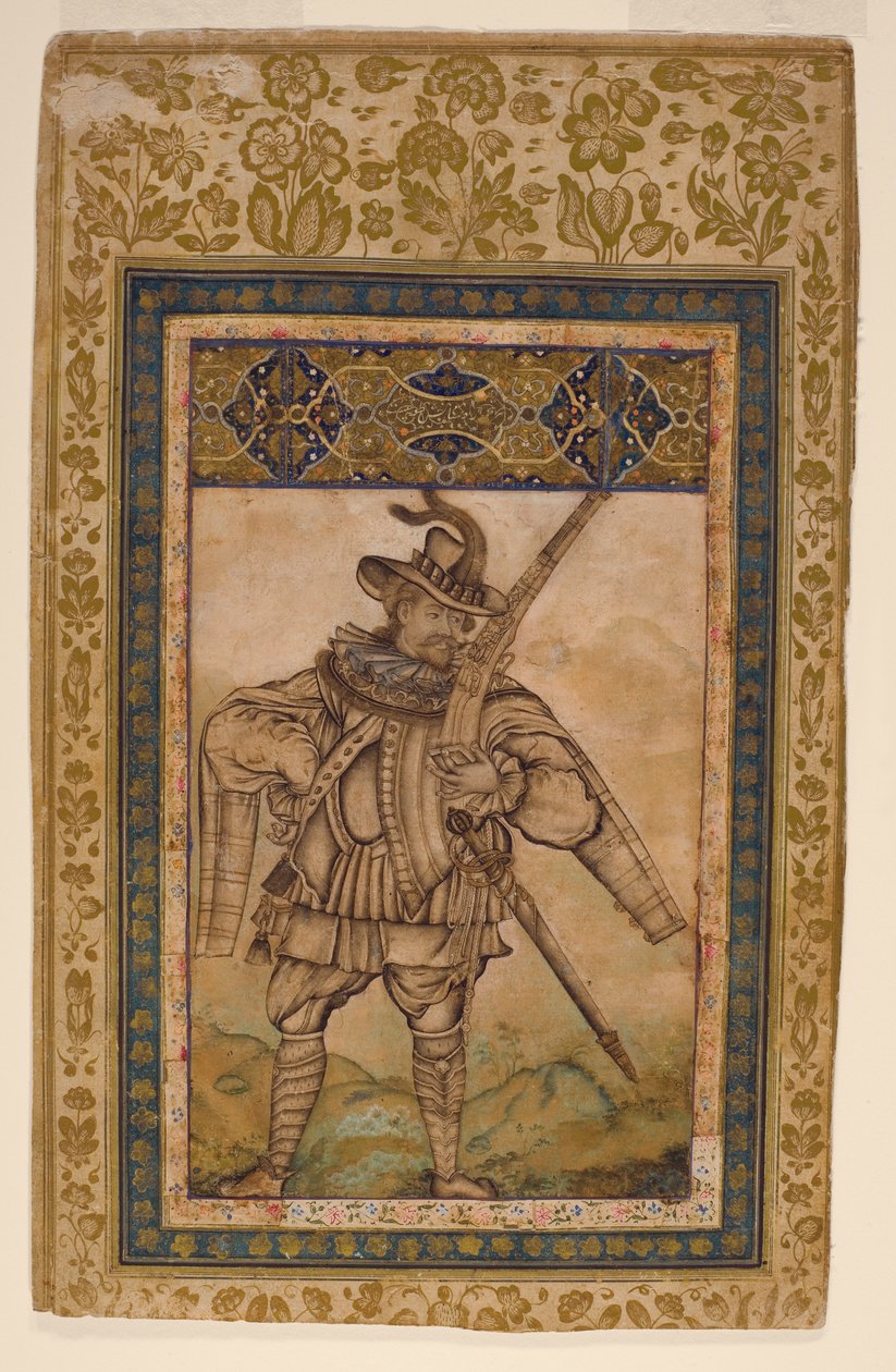 Porträtt av den portugisiske amiralen Albuquerque, ca 1615 (ogenomskinlig wc & guld på papper) av Indian School