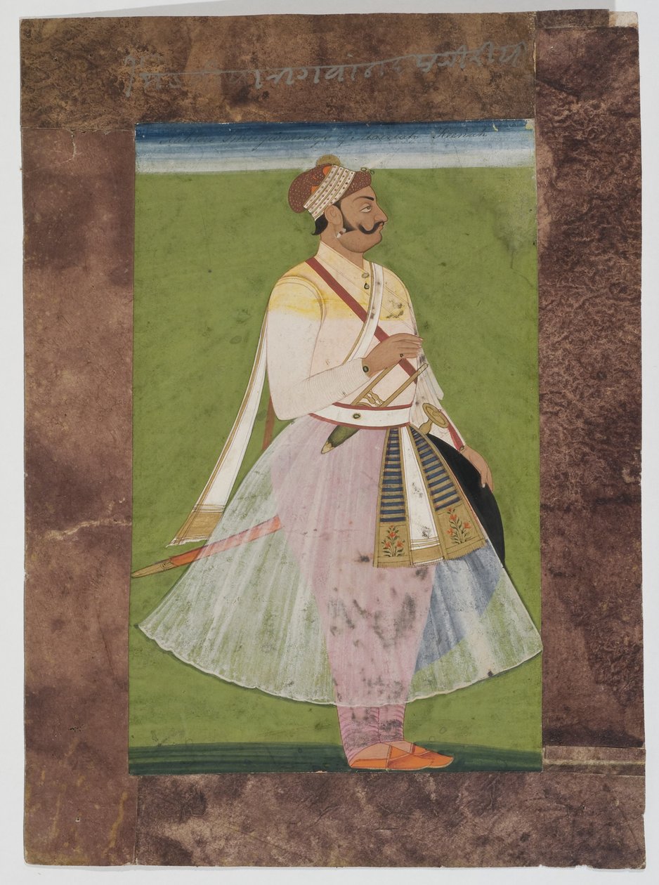 Porträtt av Rathorhövdingen Bhagwan Das, av Mertia-klanen i Rian, Jodhpur, 1820 (monterad gouache på indiskt papper med sammansatt brunt papperskant) av Indian School