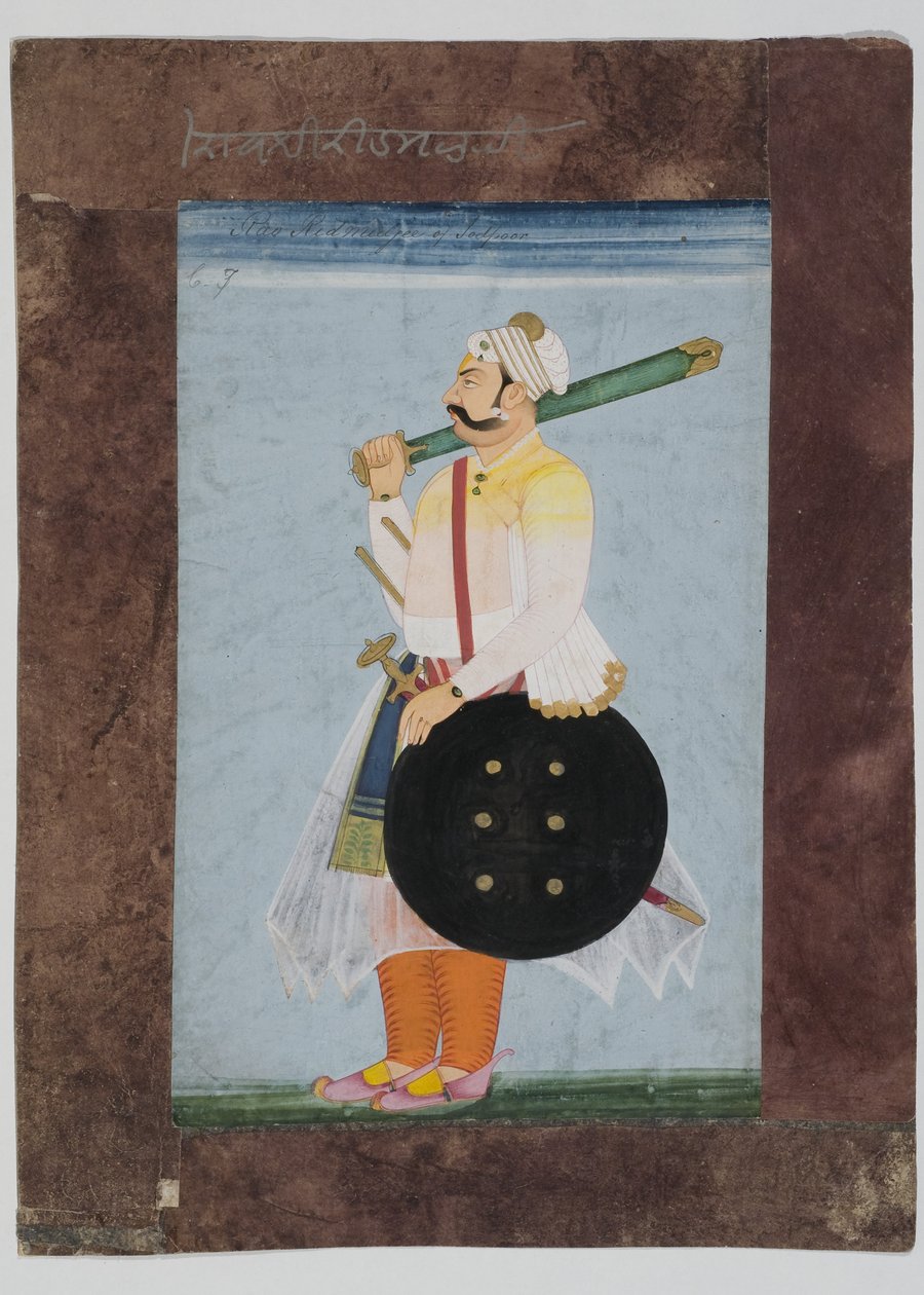 Porträtt av Rathorhövdingen Ridmal, 1820 (monterad gouache på indiskt papper med sammansatt brunt papperskant) av Indian School
