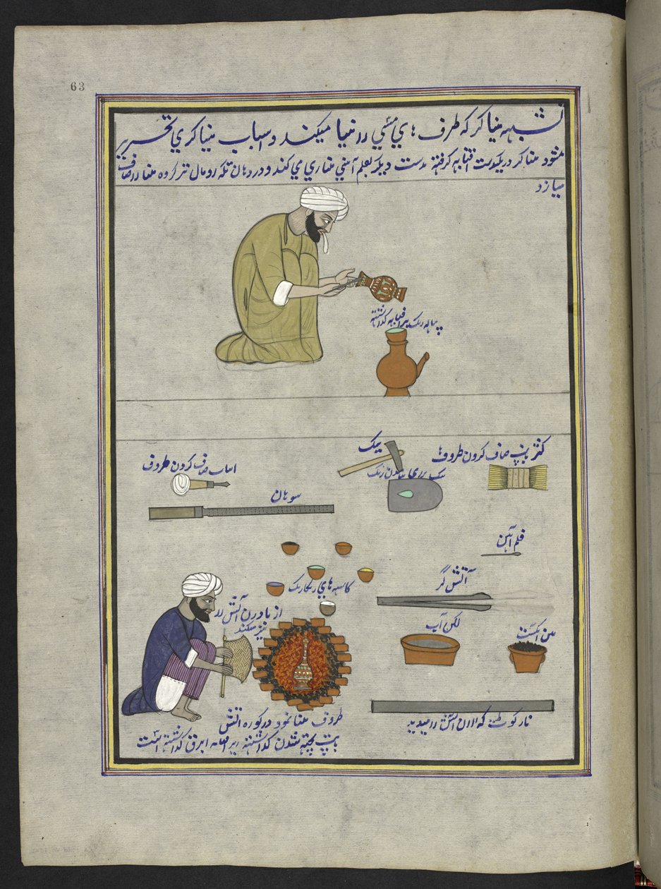Pot-emaljerare,  86 teckningar inbundna i en volym som visar yrken och yrken i Kashmir, hantverkare visas i arbete med sina redskap och utrustning,  Av en Kashmir-konstnär, troligen i Srinagar, ca 1850-60 (gouache på papper) av Indian School