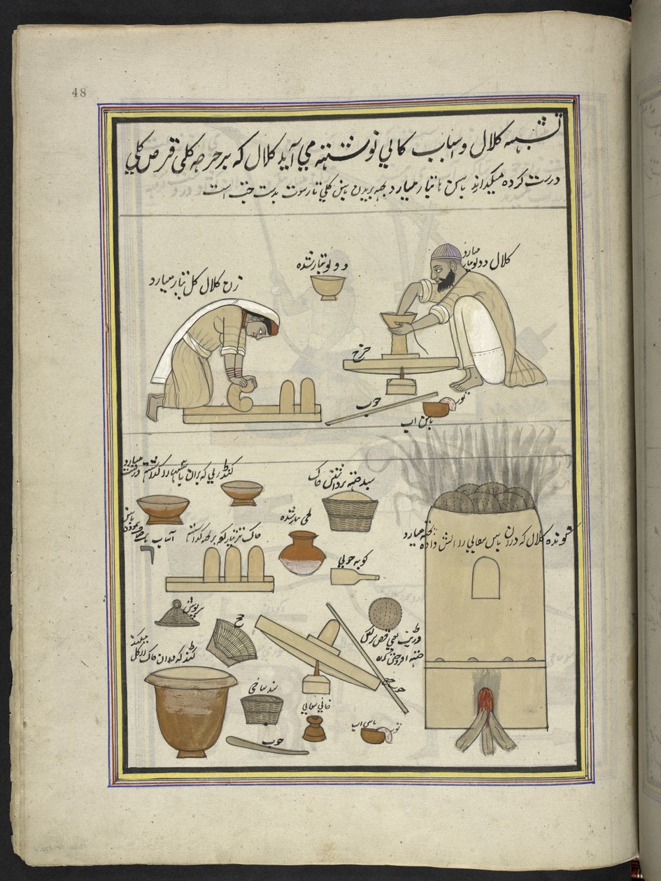 Krukmakare,  86 teckningar inbundna i en volym som visar yrken och yrken i Kashmir, hantverkare visas i arbete med sina redskap och utrustning,  Av en Kashmir-konstnär, troligen i Srinagar, ca 1850-60 (gouache på papper) av Indian School