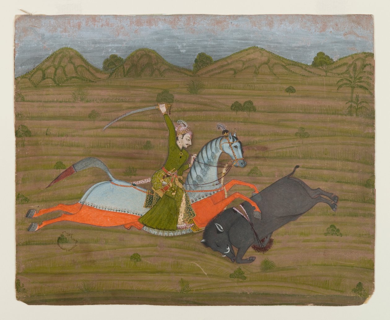 Prince Hunting Wild Boar (miniatyrmålning), 1765 (opak wc & guld på papper) av Indian School