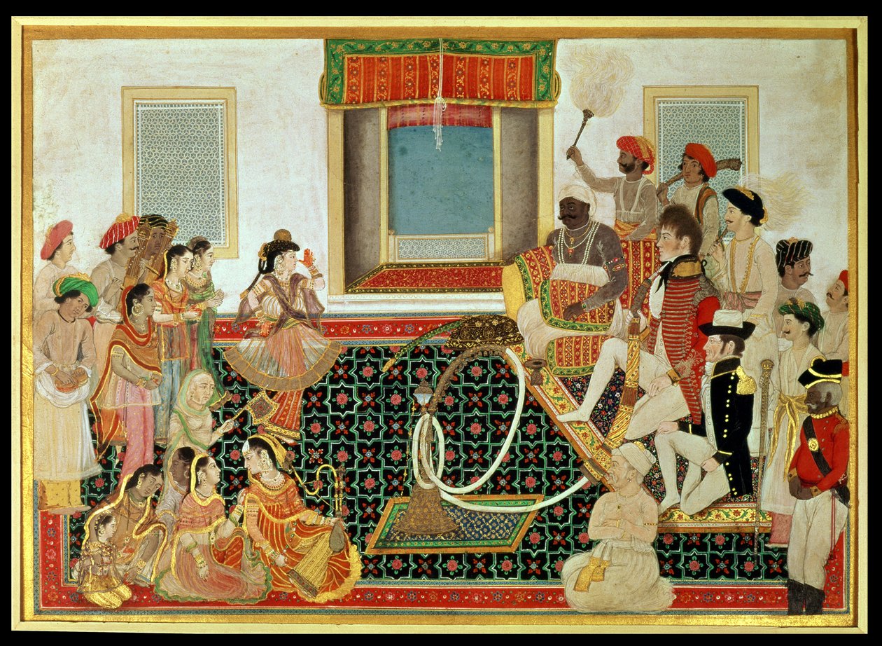 Prins Mahadaji Sindhia underhöll en brittisk arméofficer och en sjöofficer till en nautch, ca 1820 (gouache på papper) av Indian School