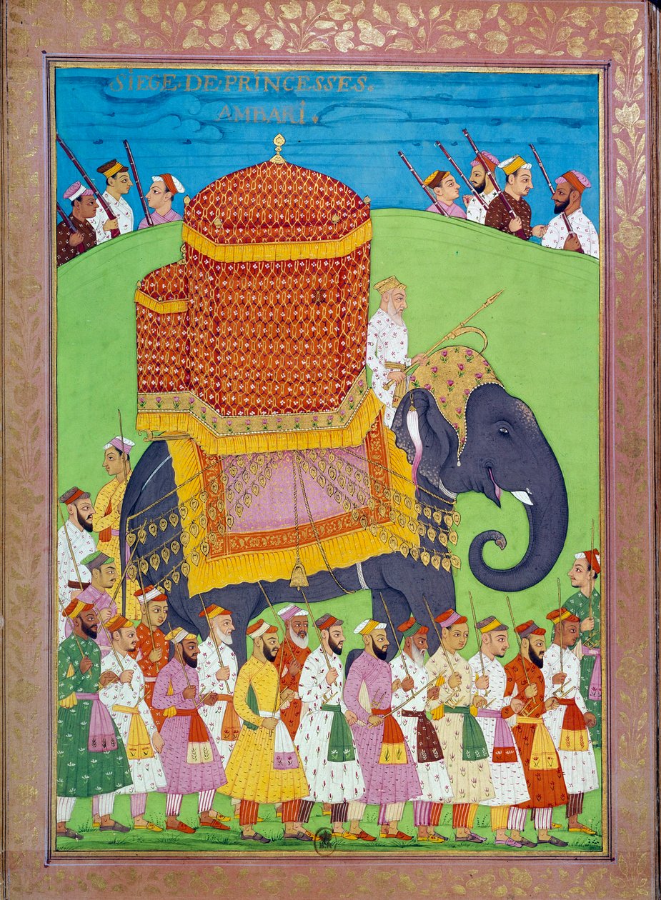 Prinsessan Palanquin på en elefant vid Shah Alems hov Indiska och persiska miniatyrer i "" History of India from Tamertante to Orangreyb"" av Niccolo Manucci (1638-1717). B.N., Paris. av Indian School