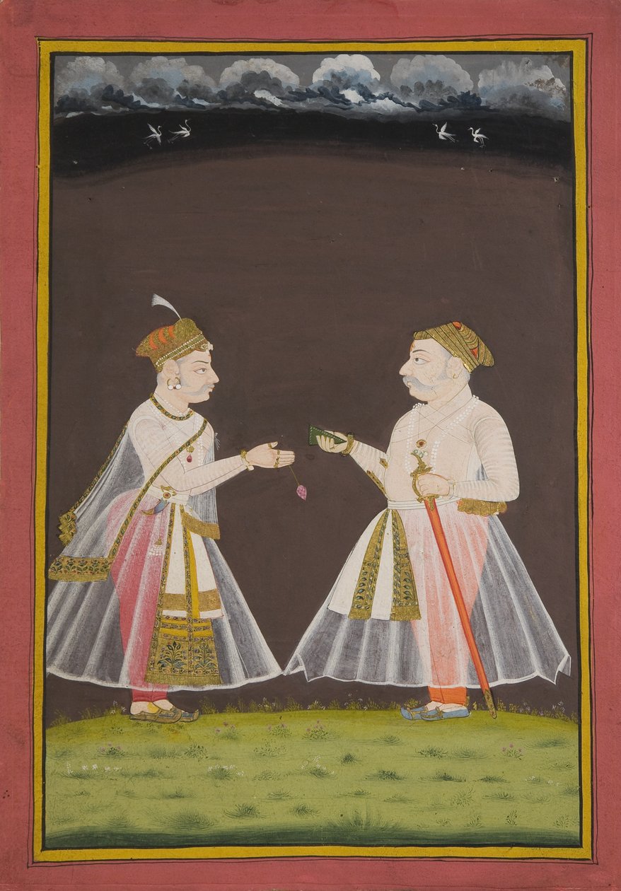 Förmodligen ett porträtt av Rana Raj Singh från Udaipur (1661-81) som erbjuder pan till en adelsman, 1820 av Indian School