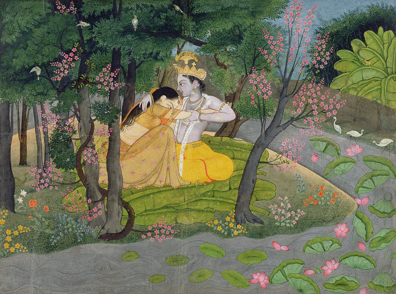 Radha och Krishna omfamnar sig i en lund av blommande träd, ca 1780 (wc på papper) av Indian School