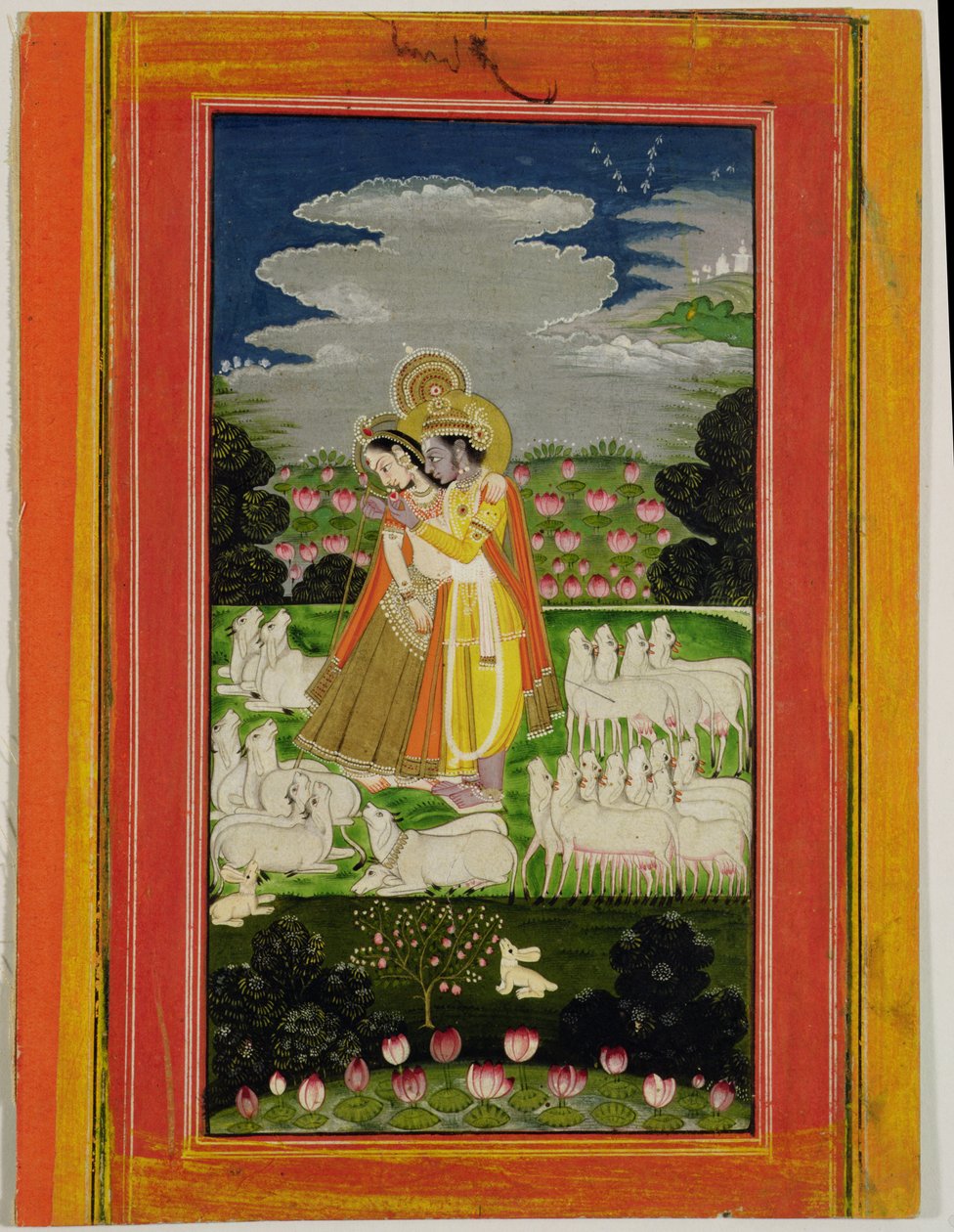 Radha och Krishna omfamnar i ett idealiserat landskap med kor, ca 1780 (ogenomskinlig wc på papper) av Indian School