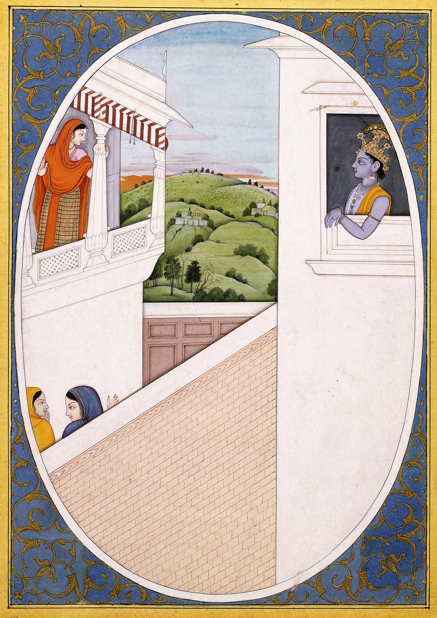 Radha och Krishna, hänförda av varandras skönhet, ca 1785 av Indian School