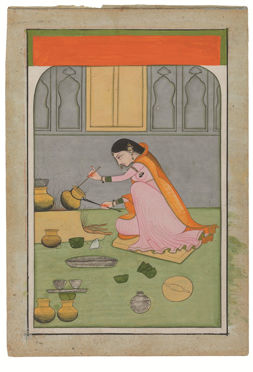 Radha i köket, ca 1810 (opaka pigment och guld på wasli) av Indian School
