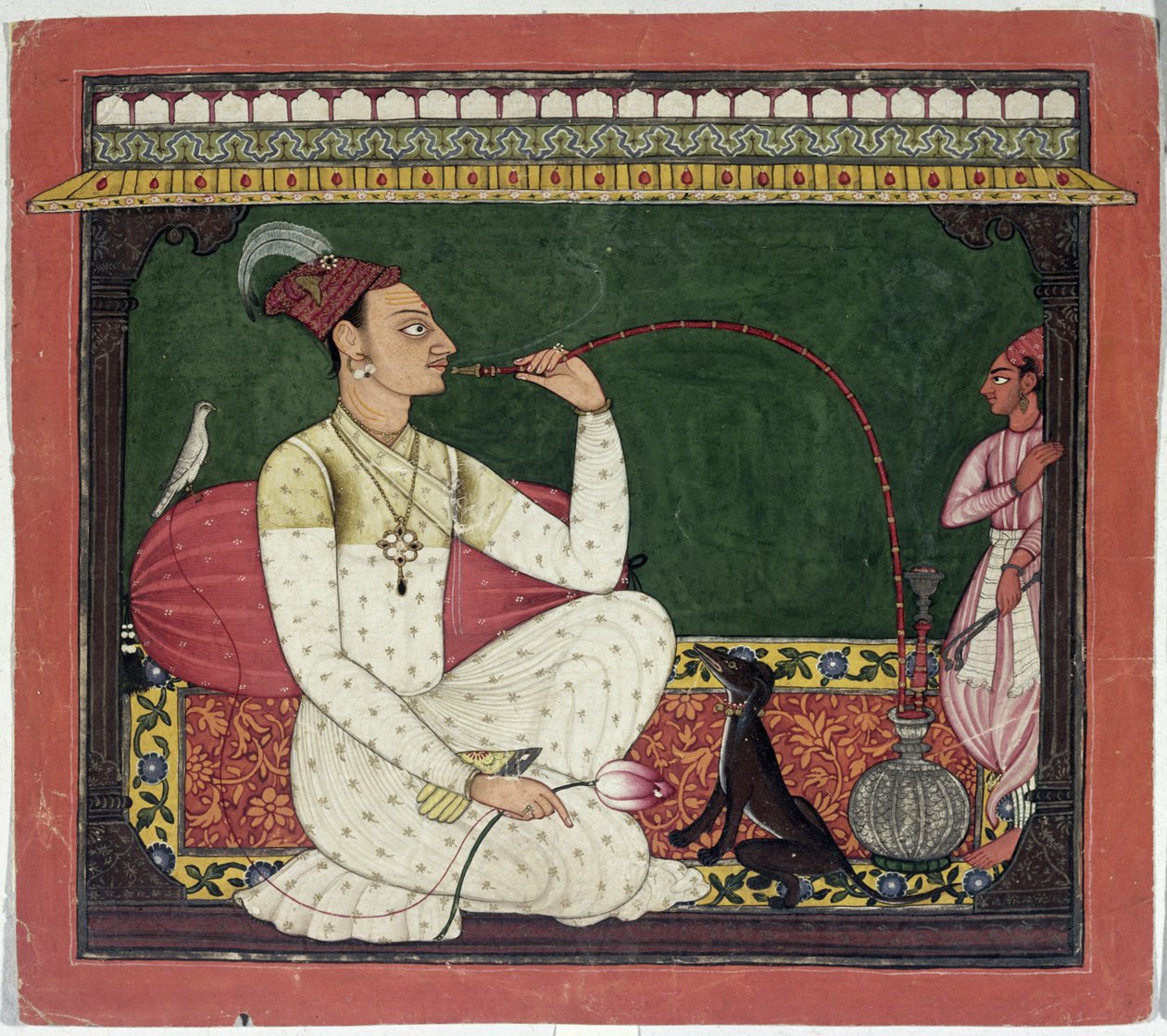 Raja Medini Pal, Inspirerad på floderna i Takri Characters Bilauria Medini Pal, Basohli, Himachal Pradesh, Pahari School, 1735 av Indian School