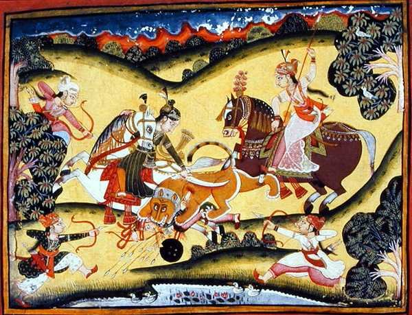 Rajput Princesses Killing a Lion, Bundi School, ca 1810-20 (gouache på papper) av Indian School