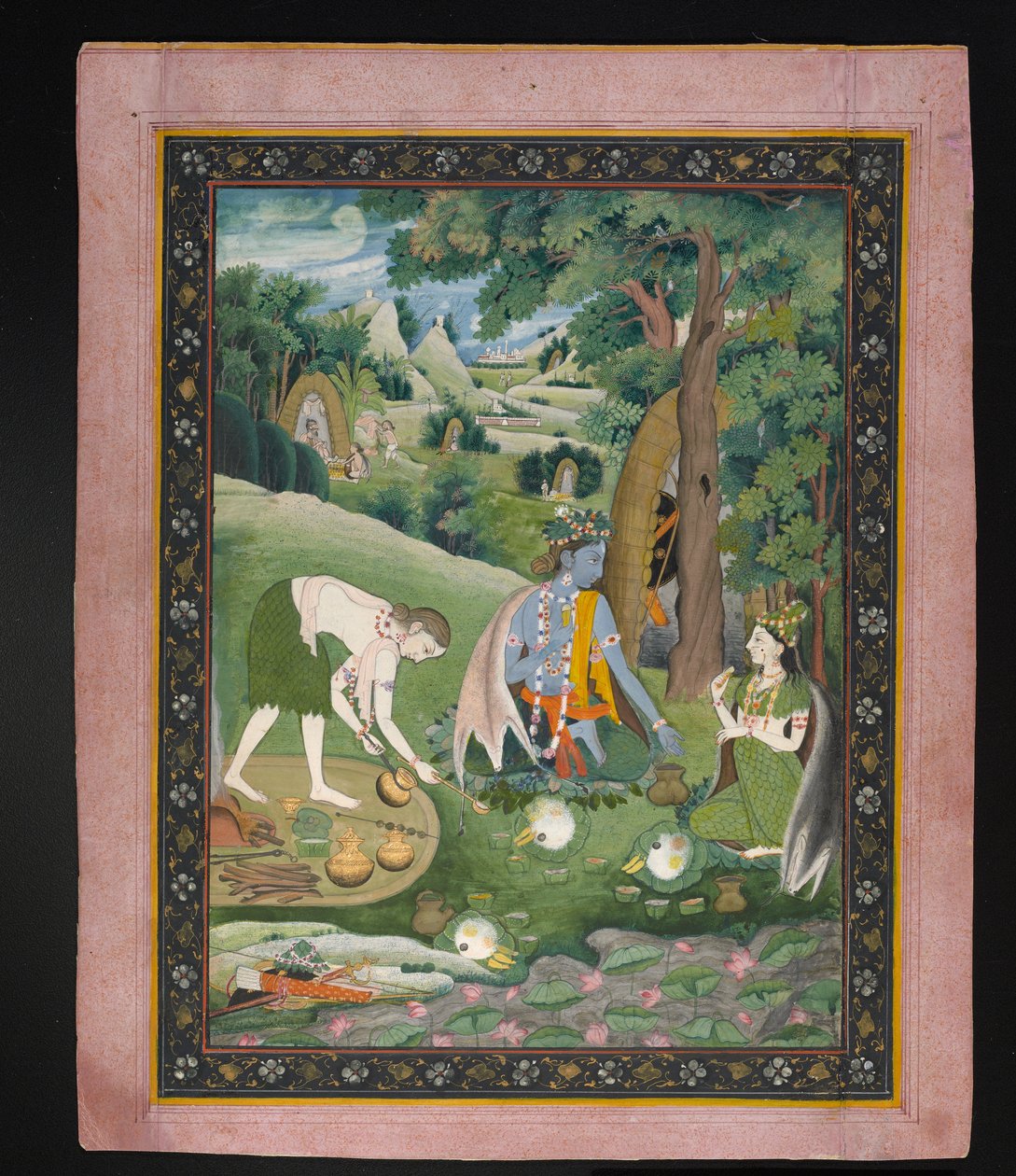 Rama, Lakshmana och Sita lagar mat och äter i vildmarken, ca 1820 (gouache med guld på papper) av Indian School