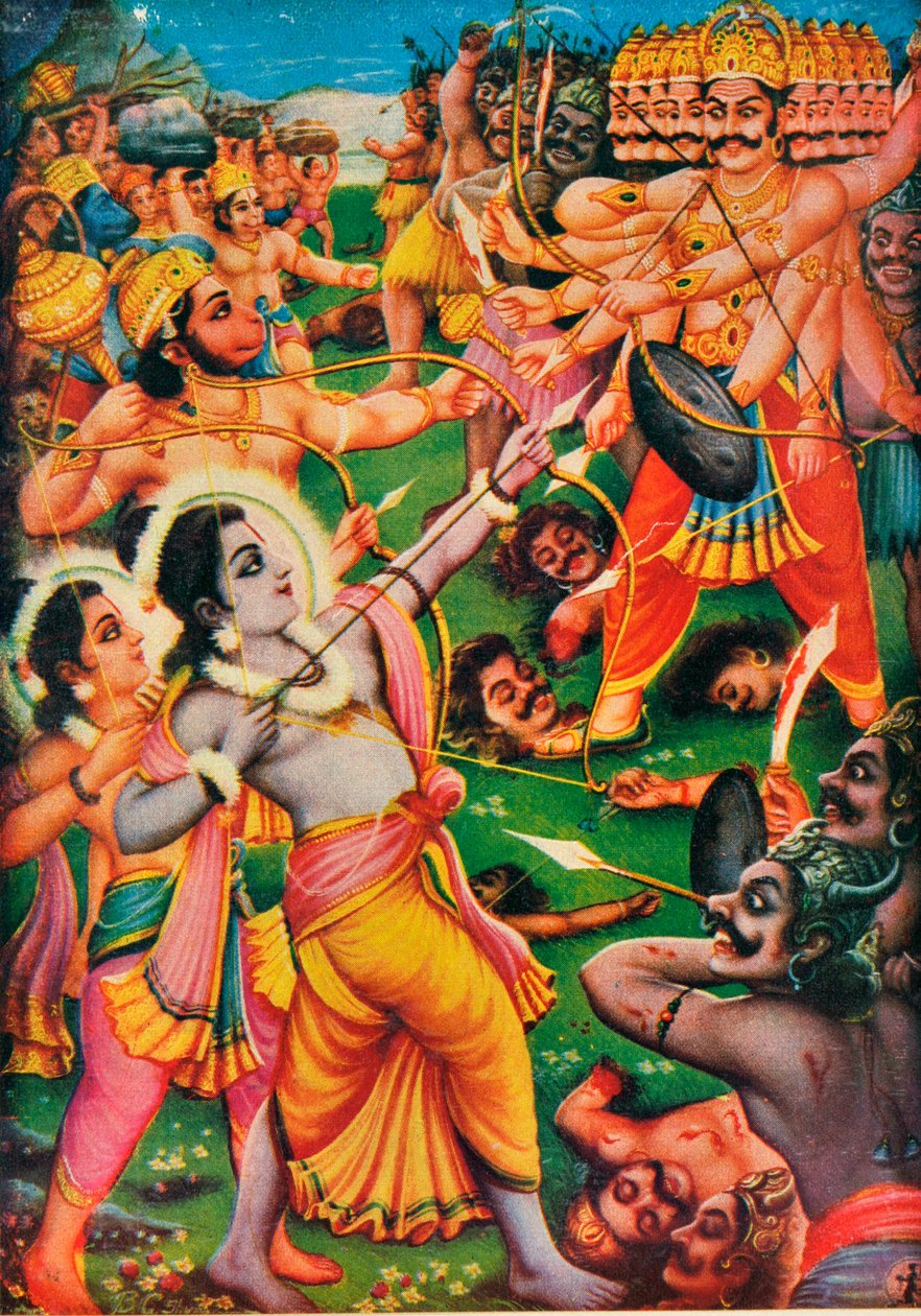 Rama och Hanuman slåss mot demonen Ravana, scen från Ramayana av Indian School