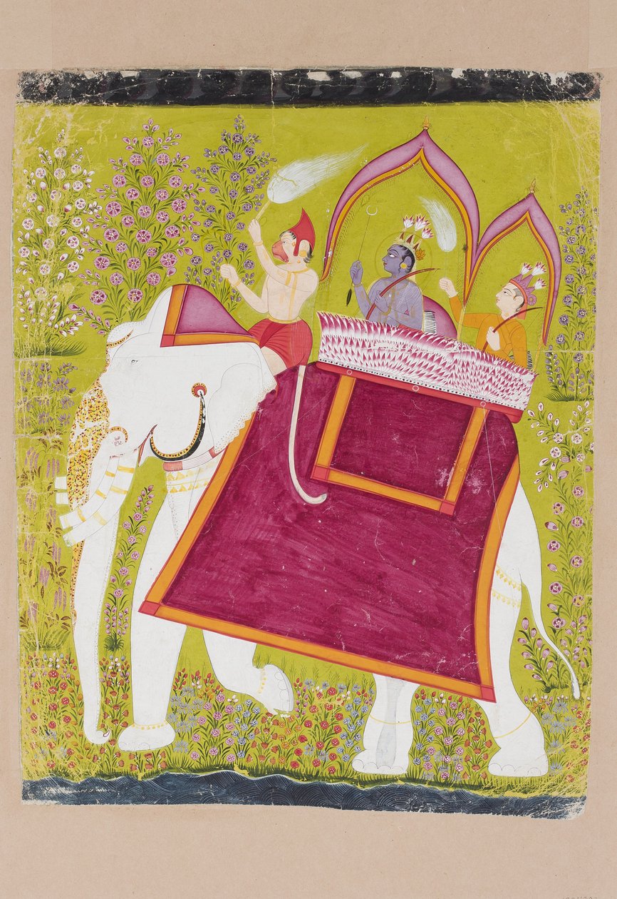 Rama och Lakshman i howdah av en vit elefant med Hanuman som mahout, sent 1700-tal (ogenomskinlig wc på papper) av Indian School