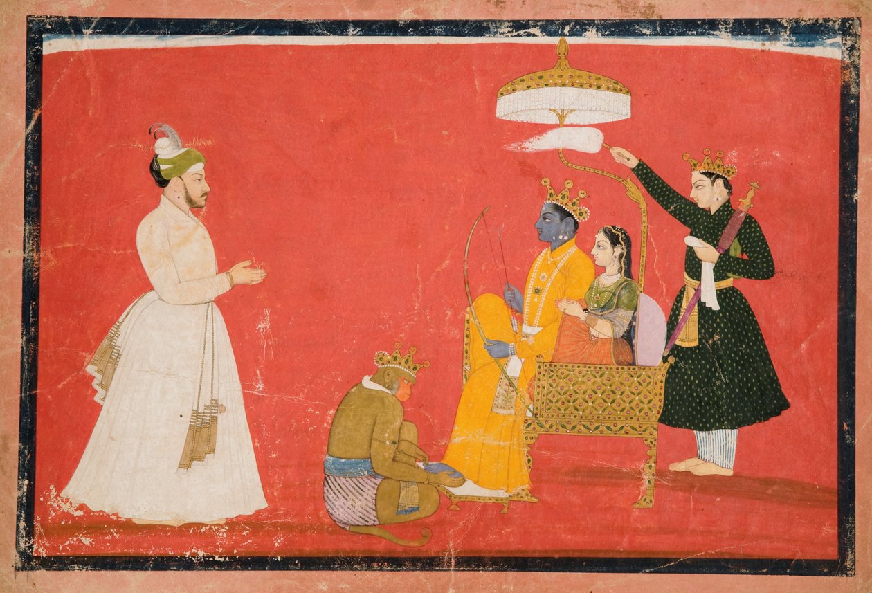 Rama och Sita Enthroned, ca 1750 (ogenomskinlig wc & guld på papper) av Indian School