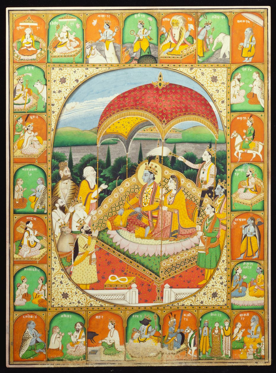 Rama och Sita Enthroned, dyrkade av Shiva, Hanuman och andra, 1800-20 av Indian School
